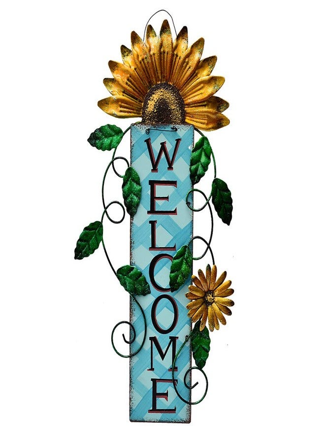 E-view Metal Welcome Sign Rustic Wall Hanging Plaque - Decorative Welcome Flower Signs for Porch Front Door Farmhouse Home Decoration Garden Themed Wreath Ornament (Yellow) - Image 1